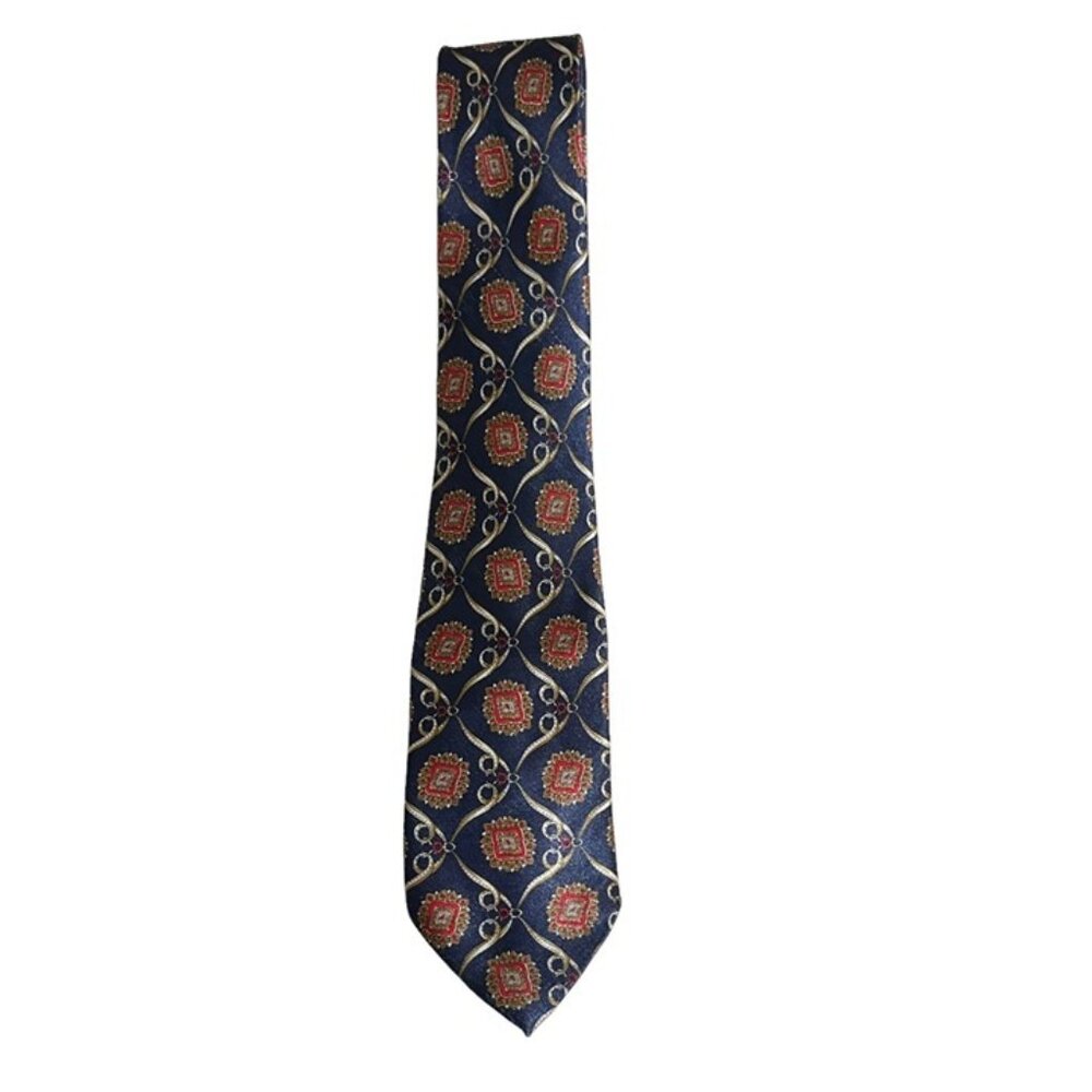 50% off! Italian pure silk men's tie blue red patterned 3" wide 56" long